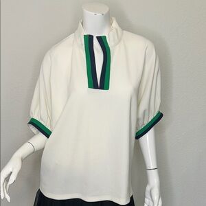 Entro Cream and Green Blouse with Navy Accents